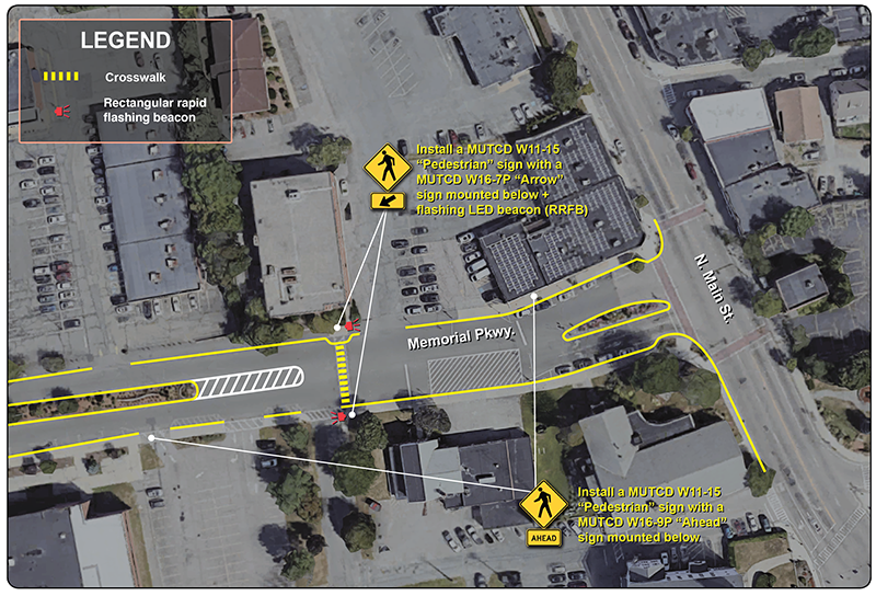 Figure 6: Memorial Parkway Mid-block Crossing Improvements
This figure shows some design improvements for the eastern portion of Memorial Parkway. Included on the figure are new sign installation, including an RRFB, a bump out, and a painted median extension.
Figure 6: Memorial Parkway Mid-block Crossing Improvements
This figure shows some design improvements for the eastern portion of Memorial Parkway. Included on the figure are new sign installation, including an RRFB, a bump out, and a painted median extension.